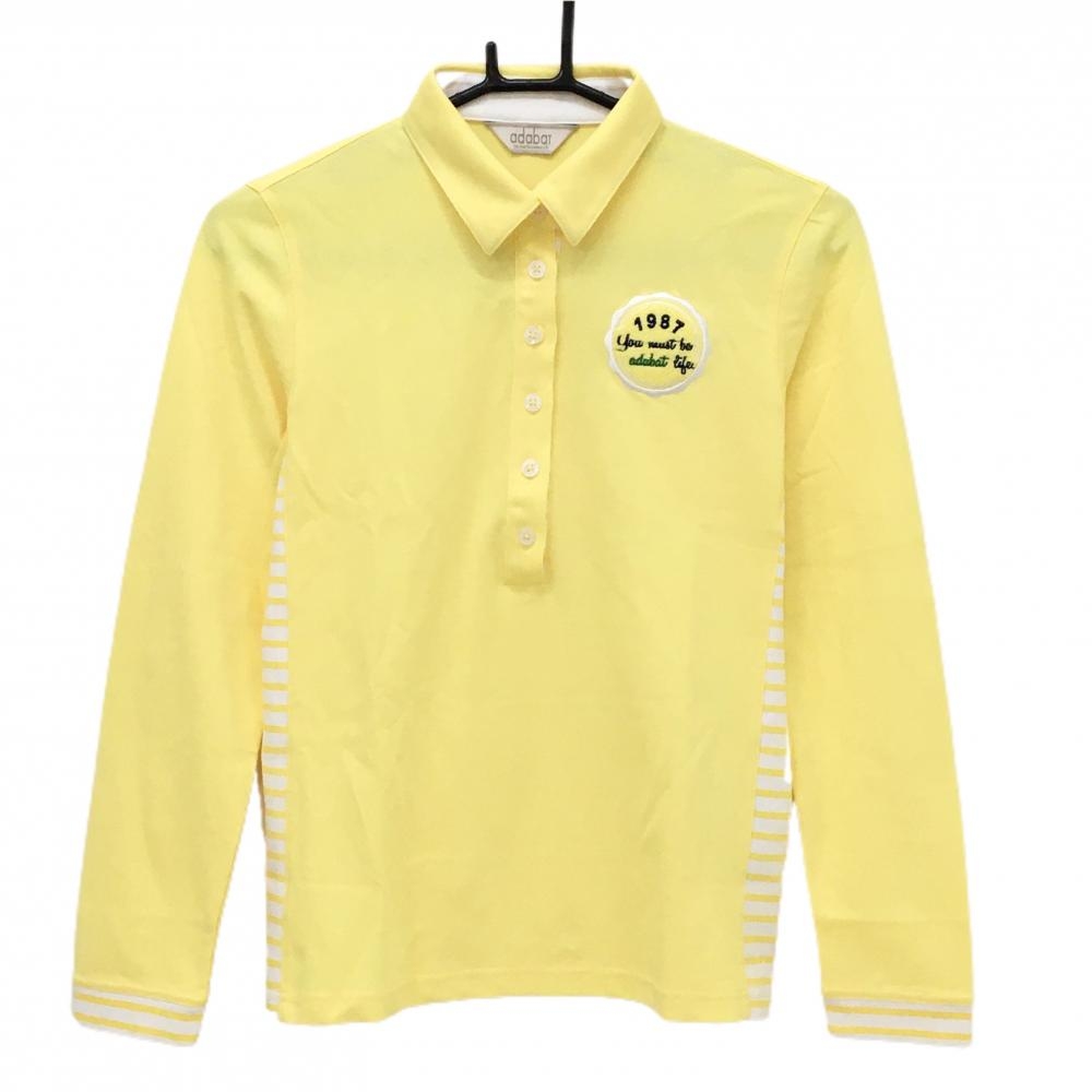 【超美品】アダバット 長袖ポロシャツ イエロー×白 一部ボーダー 胸元ロゴ レディース 36(S) ゴルフウェア adabat