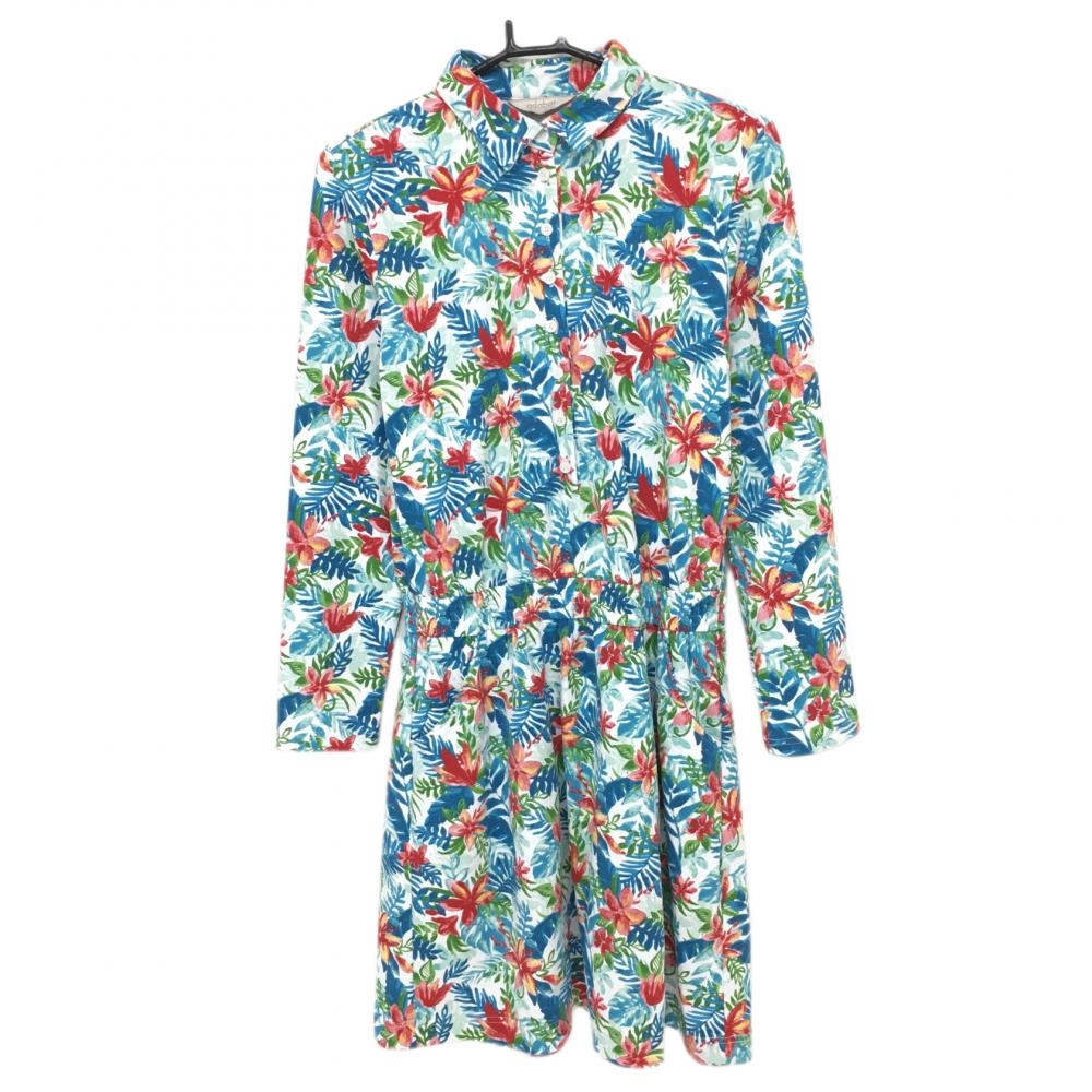 【超美品】アダバット 長袖ポロワンピース ブルー×レッド ハイビスカス柄  レディース 40(L) ゴルフウェア adabat