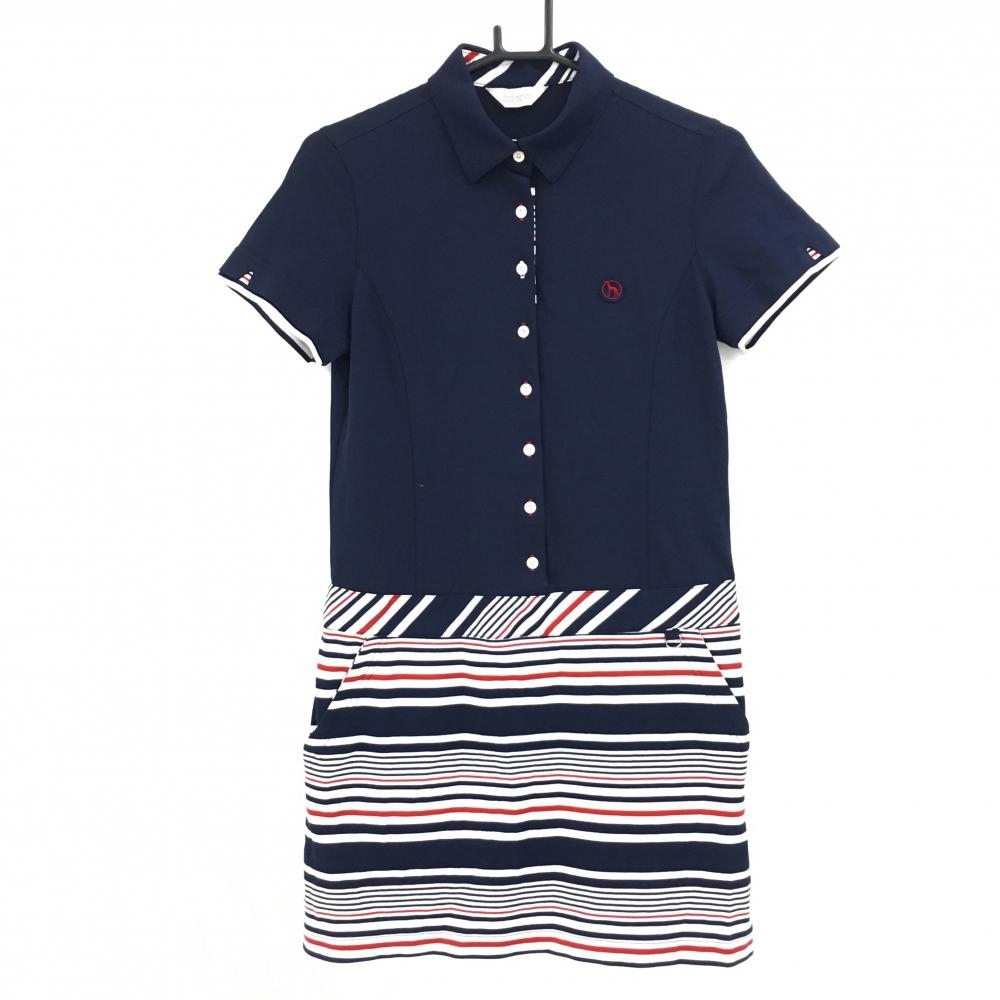 【超美品】アダバット 半袖ポロワンピース ネイビー×白 スカート部ボーダー インナーパンツ付 レディース 38(M) ゴルフウェア adabat