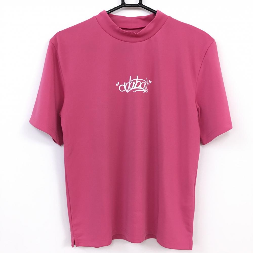 【超美品】adabat アダバット 半袖ハイネックシャツ ピンク×白 バックロゴ ストレッチ レディース 40(L) ゴルフウェア