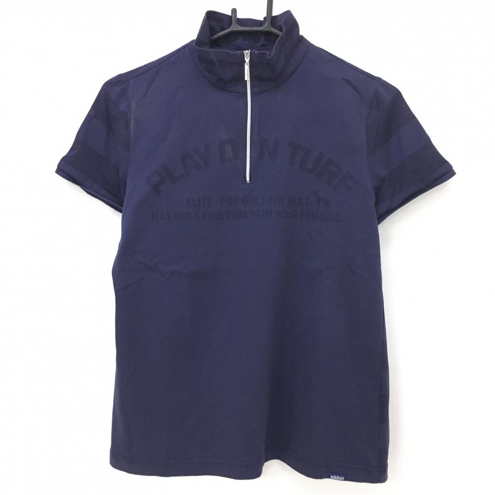 アダバット 半袖ハイネックシャツ ネイビー 袖背面ボーダー織生地 ハーフジップ  レディース 38(M) ゴルフウェア adabat