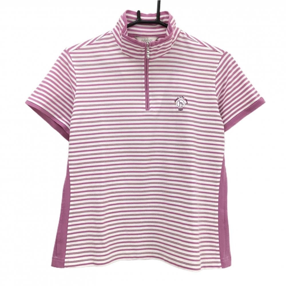 アダバット 半袖ハイネックシャツ ピンク×白 ボーダー ハーフジップ ロゴワッペン レディース 40(L) ゴルフウェア adabat