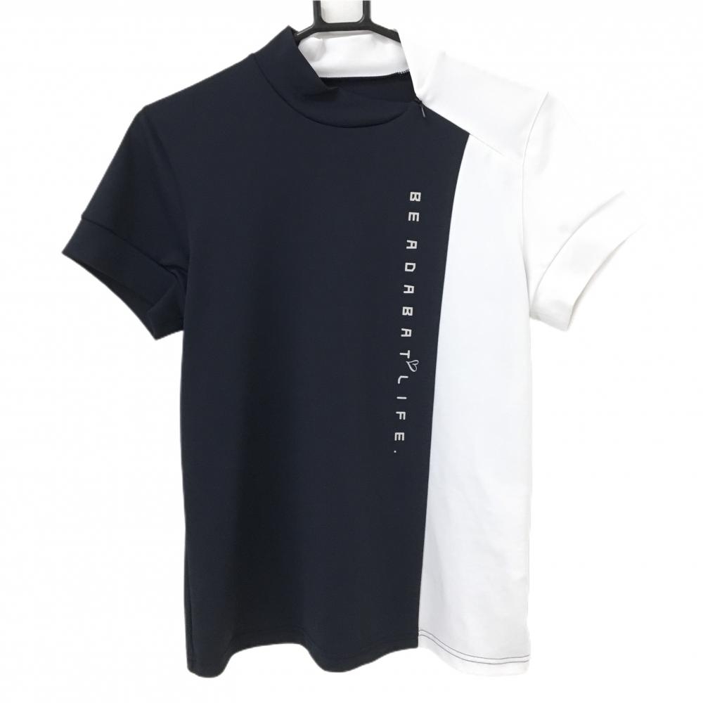 アダバット 半袖ハイネックシャツ ネイビー×白 ネックジップ ハート レディース 38(M) ゴルフウェア adabat