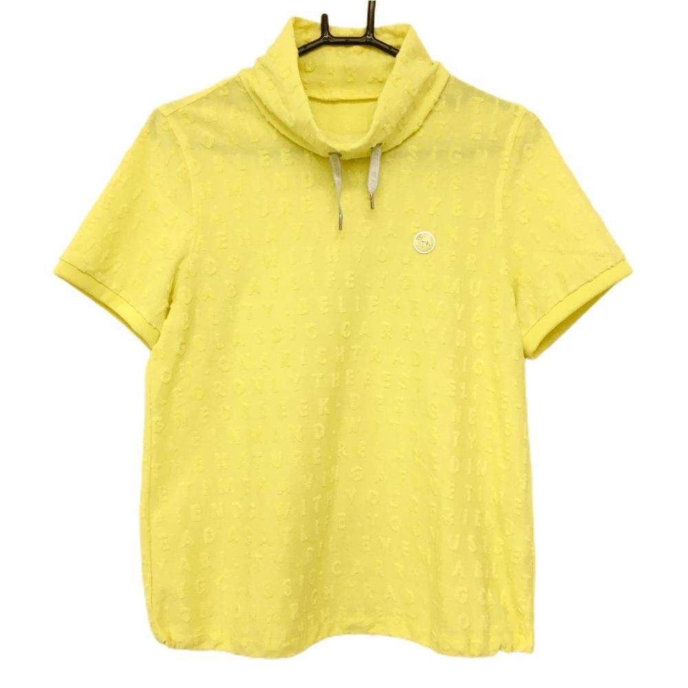 【超美品】アダバット 半袖ハイネックシャツ イエロー 英字総柄 英字パイル レディース 40(L) ゴルフウェア adabat