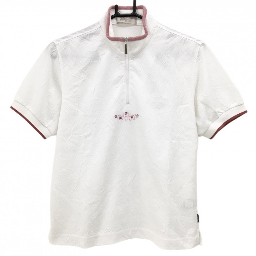 【美品】アダバット 半袖ハイネックシャツ 白 しわ加工 ハーフジップ ジップ汚れ少 レディース I(M) ゴルフウェア adabat