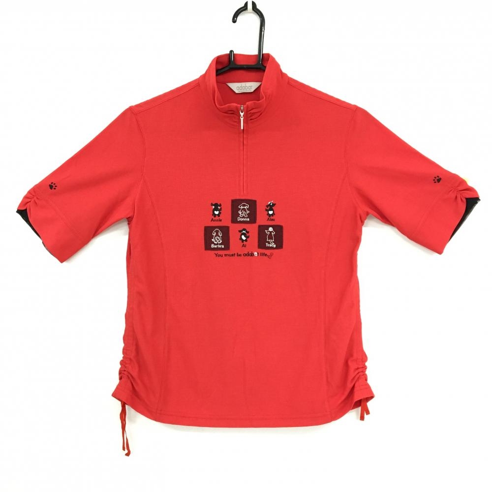 【超美品】アダバット 半袖ハイネックシャツ レッド×黒 犬刺しゅう ハーフジップ  レディース 38(M) ゴルフウェア adabat