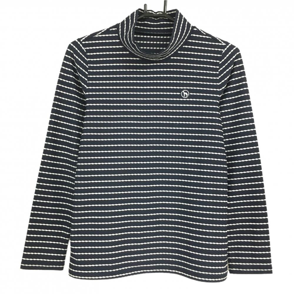 【超美品】アダバット 長袖ハイネックシャツ ネイビー×白 ボーダー調 織生地 レディース 38(M) ゴルフウェア adabat