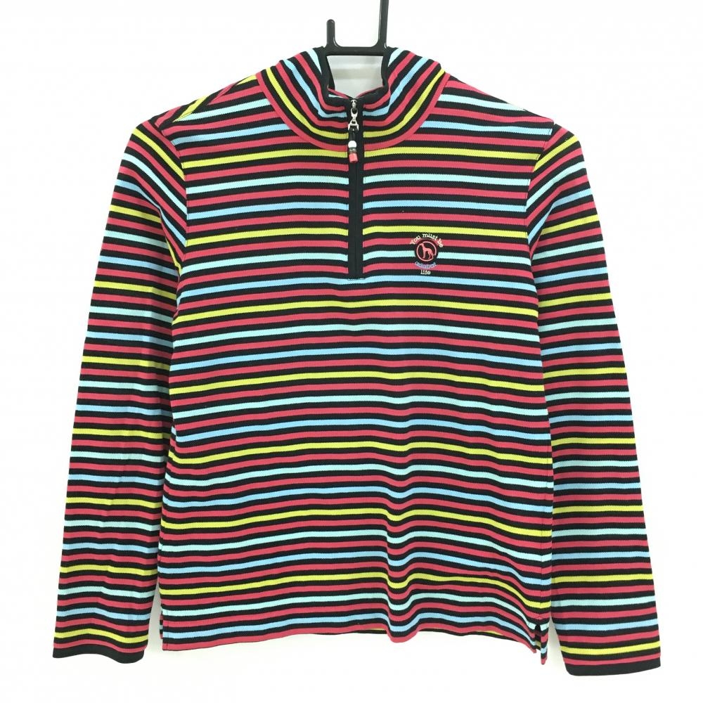 【超美品】アダバット 長袖ハイネックシャツ 黒×マルチカラー ボーダー フード風 ハーフジップ レディース 38(M) ゴルフウェア adabat