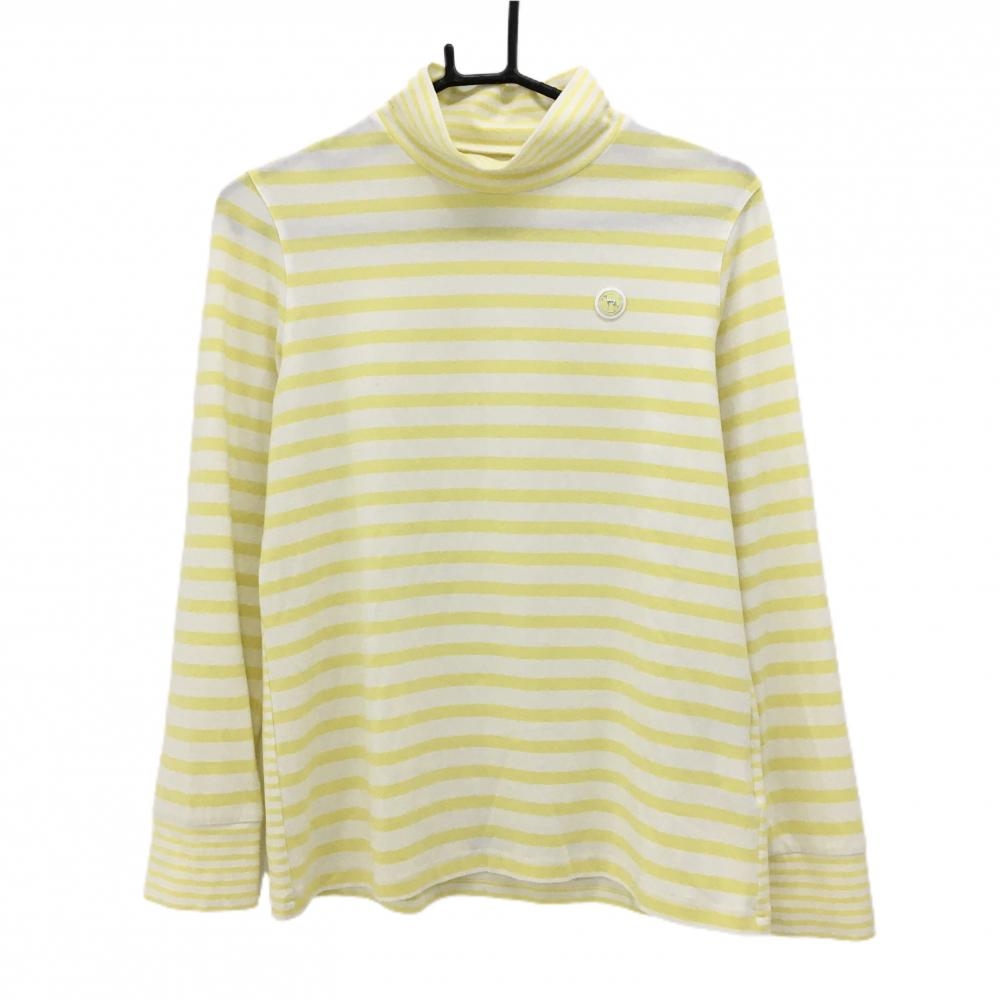 【美品】アダバット 長袖ハイネックシャツ 白×イエロー ボーダー 表微起毛 胸元ロゴ レディース 42(XL) ゴルフウェア adabat