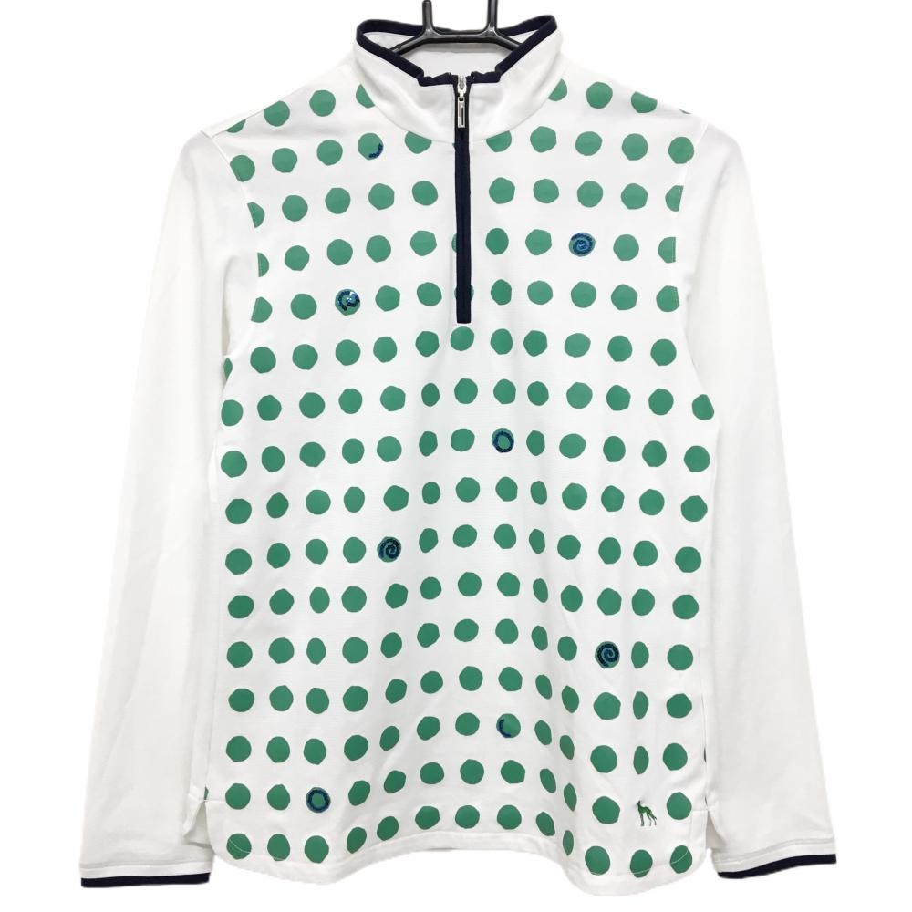 【美品】アダバット 長袖ハイネックシャツ 白×グリーン ドット ハーフジップ  レディース 38(M) ゴルフウェア adabat