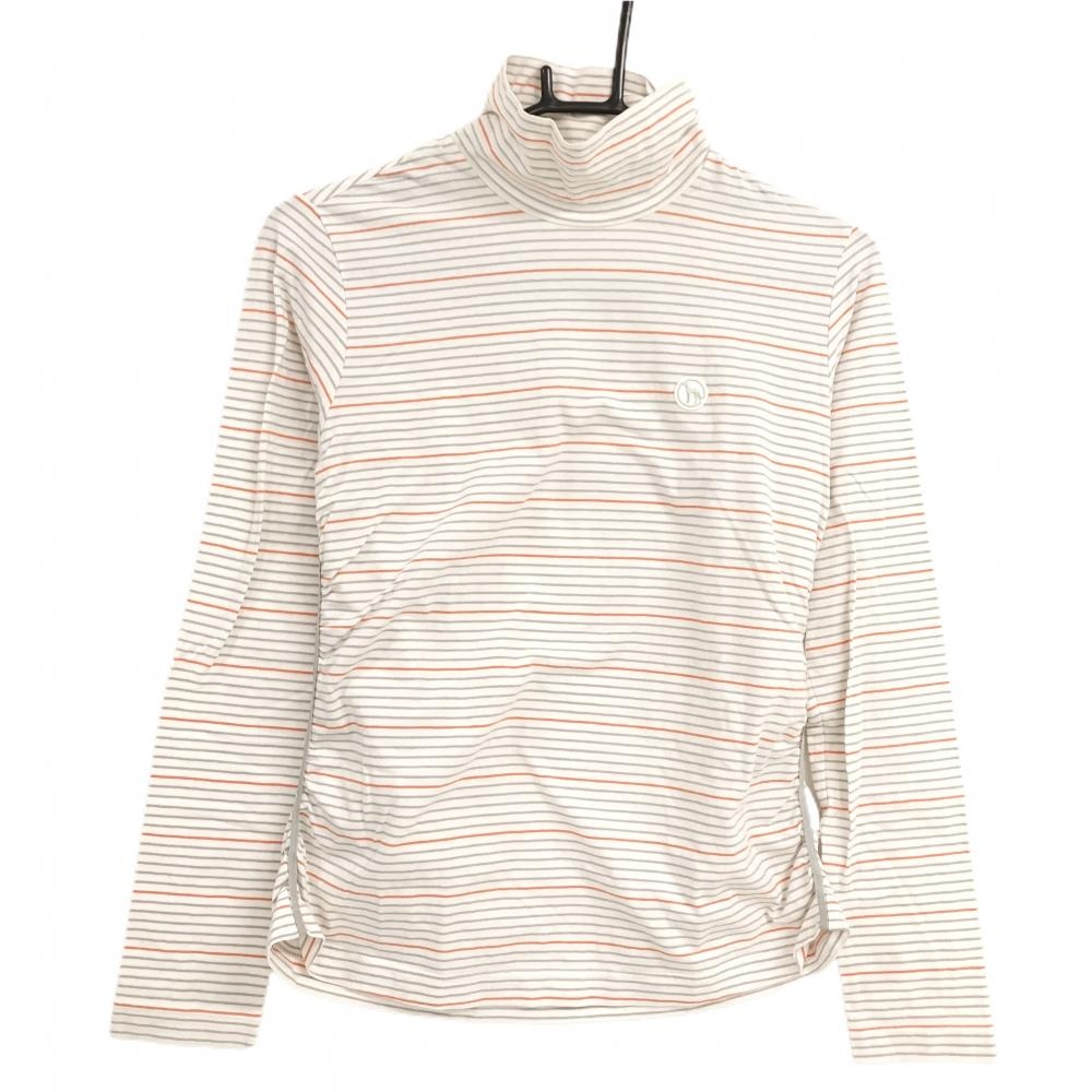 【美品】アダバット 長袖ハイネックシャツ 白×グレー×オレンジ ボーダー サイドライン レディース 38(M) ゴルフウェア adabat