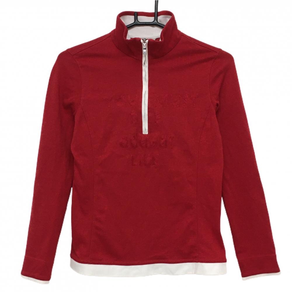 アダバット 長袖ハイネックシャツ レッド×白 ハーフジップ 毛羽立ち レディース 38(M) ゴルフウェア adabat