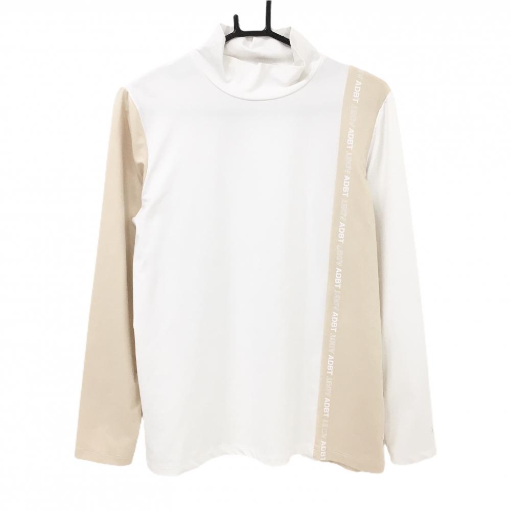【美品】アダバット 長袖ハイネックシャツ 白×ベージュ 切替 ロゴプリント レディース 42(XL) ゴルフウェア adabat