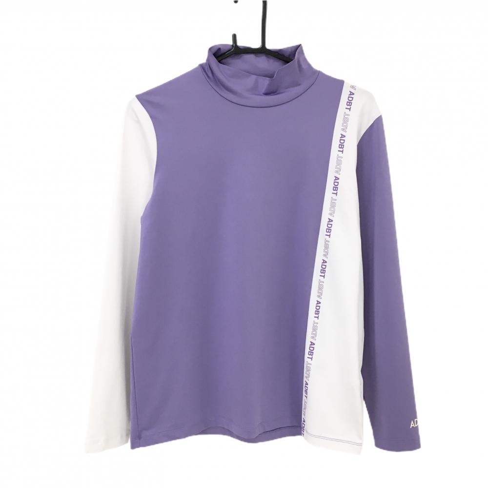 【超美品】アダバット 長袖ハイネックシャツ パープル×白 切替 ロゴプリント  レディース 42(XL) ゴルフウェア adabat