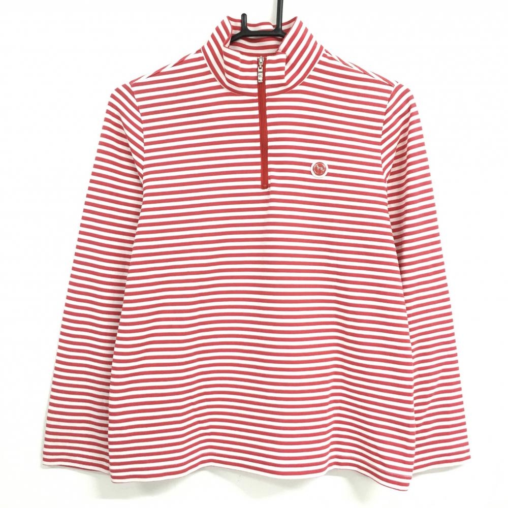 アダバット 長袖ハイネックシャツ 白×レッド ボーダー ハーフジップ ロゴワッペン レディース 40(L) ゴルフウェア adabat