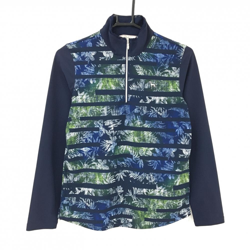 【超美品】アダバット 長袖ハイネックシャツ ネイビー×白×ライトグリーン  レディース 38(M) ゴルフウェア adabat
