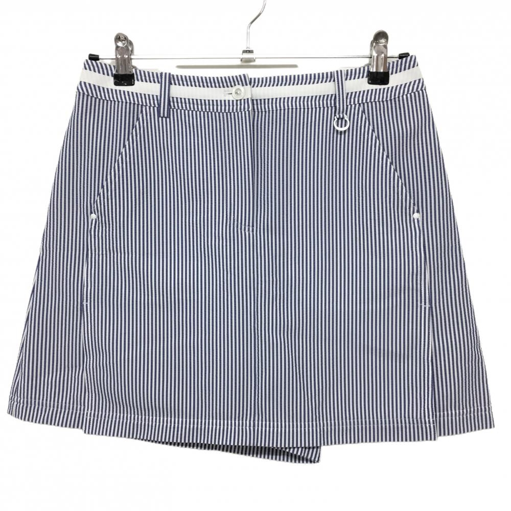 【超美品】アダバット スカート 白×ネイビー ストライプ サッカー生地 内側インナーパンツ レディース 38(M) ゴルフウェア adabat