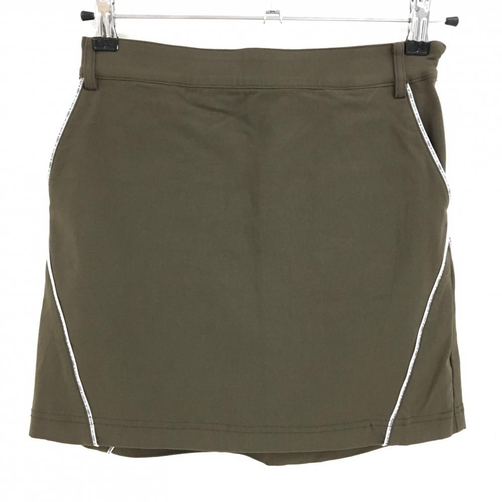【美品】アダバット ストレッチスカート カーキブラウン×白 パイピング英字 ウエストゴム レディース 38(M) ゴルフウェア adabat
