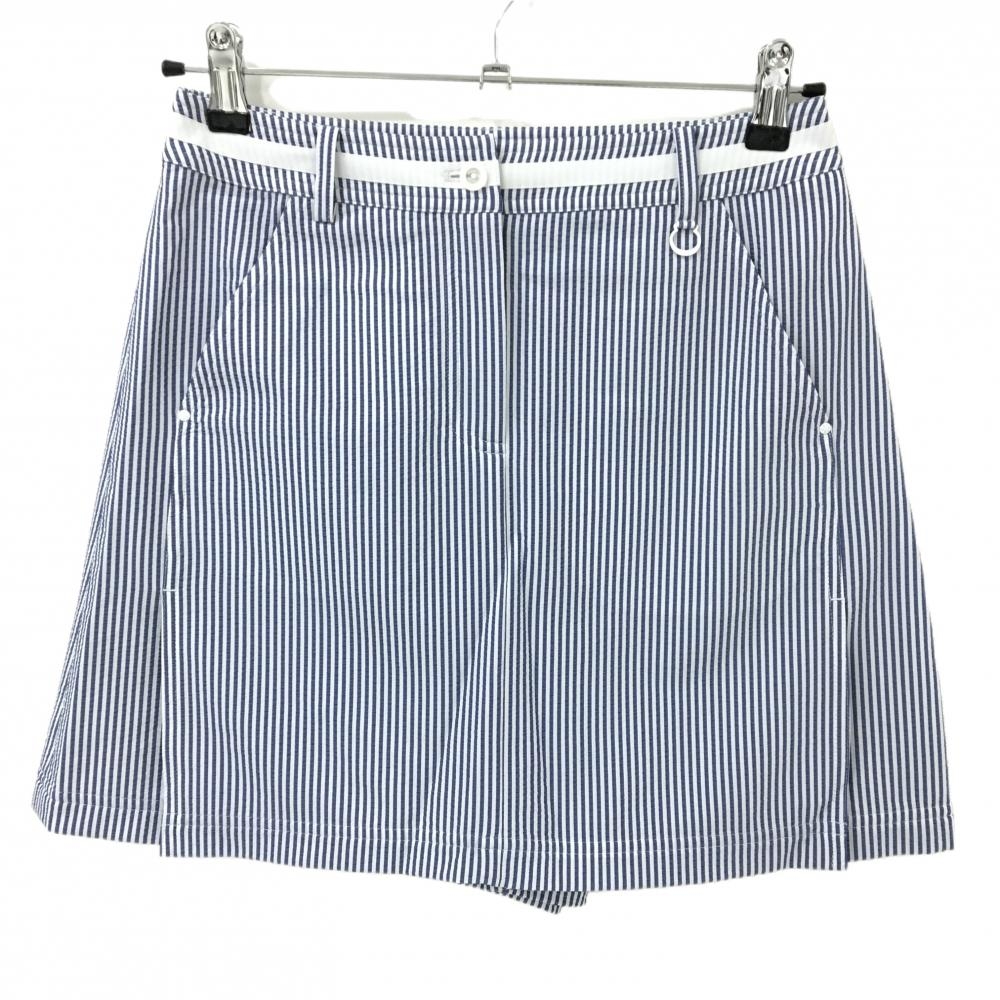 【超美品】アダバット スカート 白×ネイビー ストライプ サッカー生地 内側インナーパンツ レディース 36(S) ゴルフウェア adabat