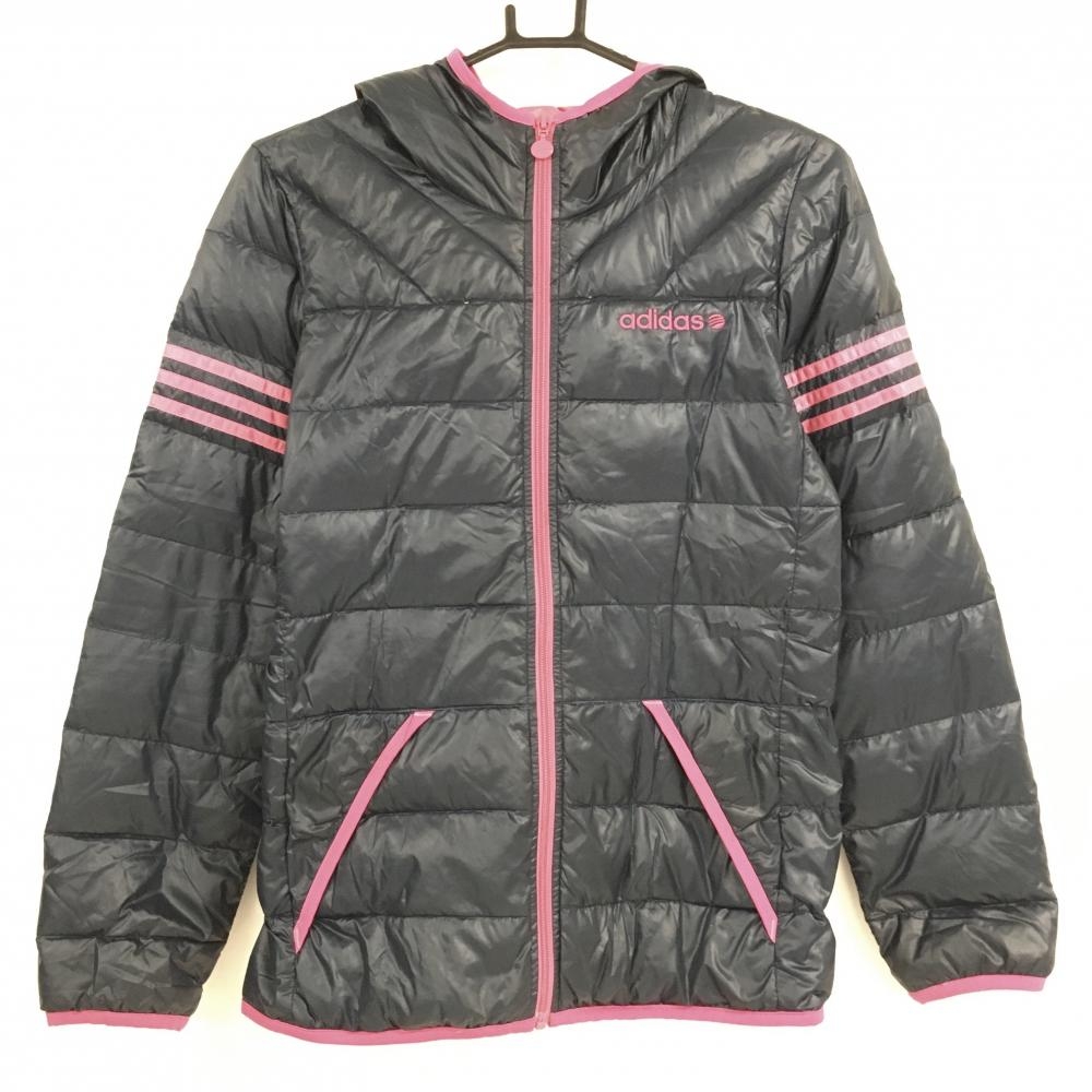 アディダス フード付ダウンジャケット ネイビー×ピンク 軽量 袖3ライン レディース L ゴルフウェア adidas