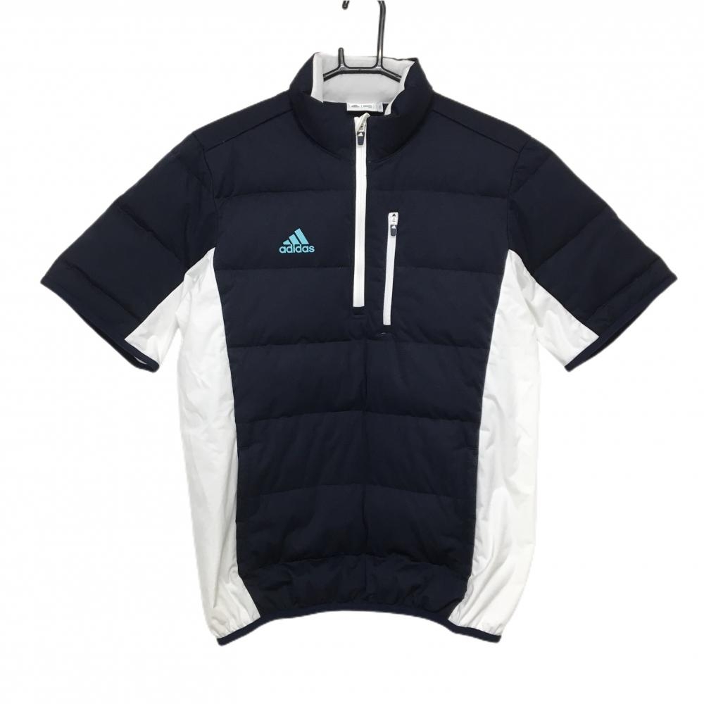 【美品】アディダス ダウン半袖ブルゾン ネイビー×白 袖下・サイド切替 レディース L/G ゴルフウェア adidas