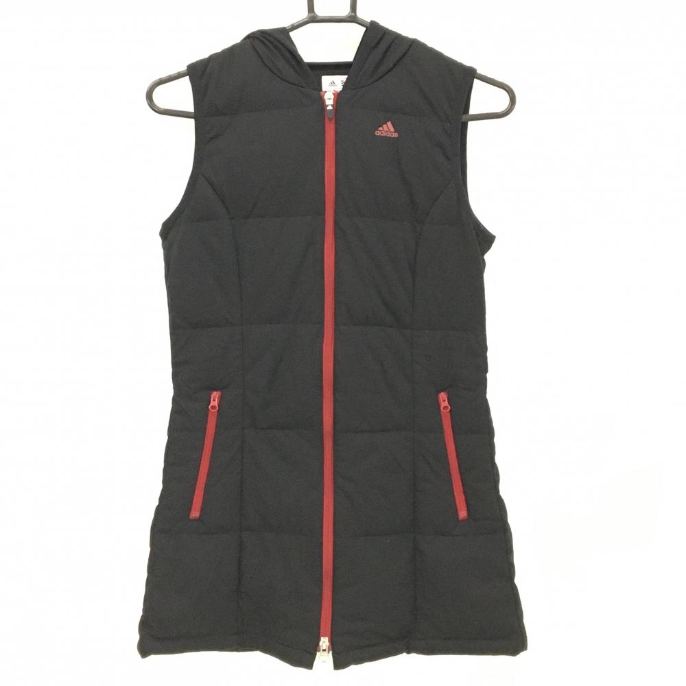 アディダス ロングダウンベスト 黒×レッド フード付 レディース XS/XP ゴルフウェア adidas