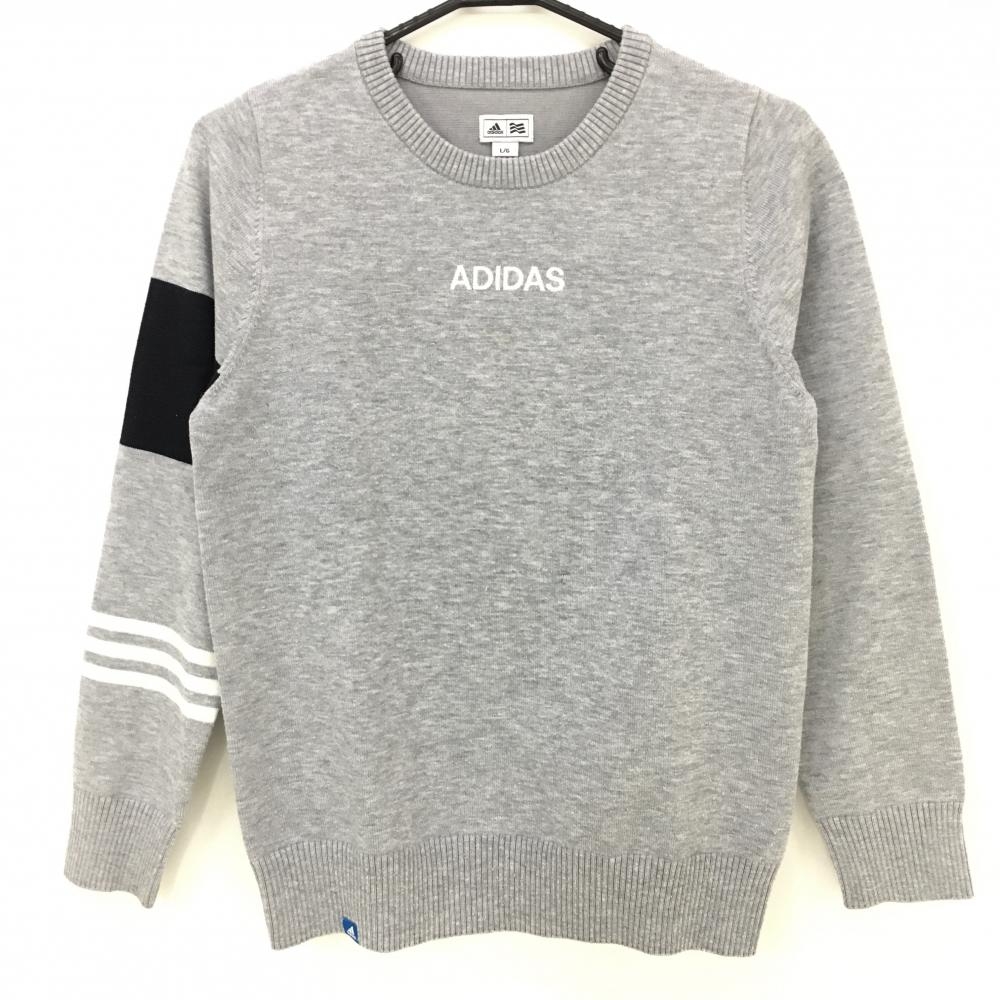 アディダス 長袖ニットセーター グレー×ネイビー ウール混 袖3ライン レディース L/G ゴルフウェア adidas