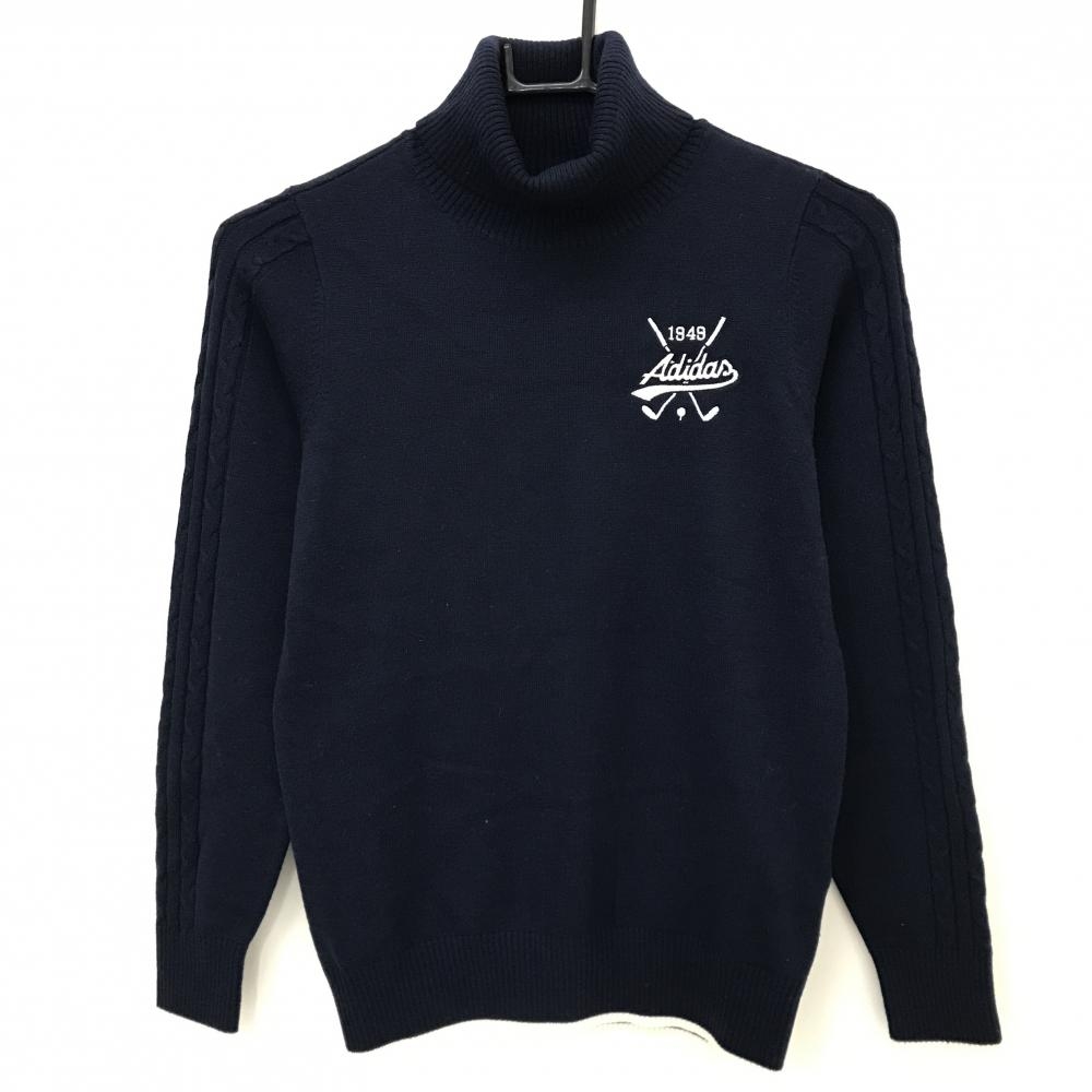 【超美品】アディダス タートルネックセーター ネイビー×白 胸元ロゴ ウール混 ニット レディース S/P ゴルフウェア adidas