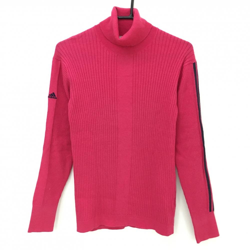 アディダス タートルネックセーター ピンク×ネイビー 袖3ライン ニット レディース M/M ゴルフウェア adidas