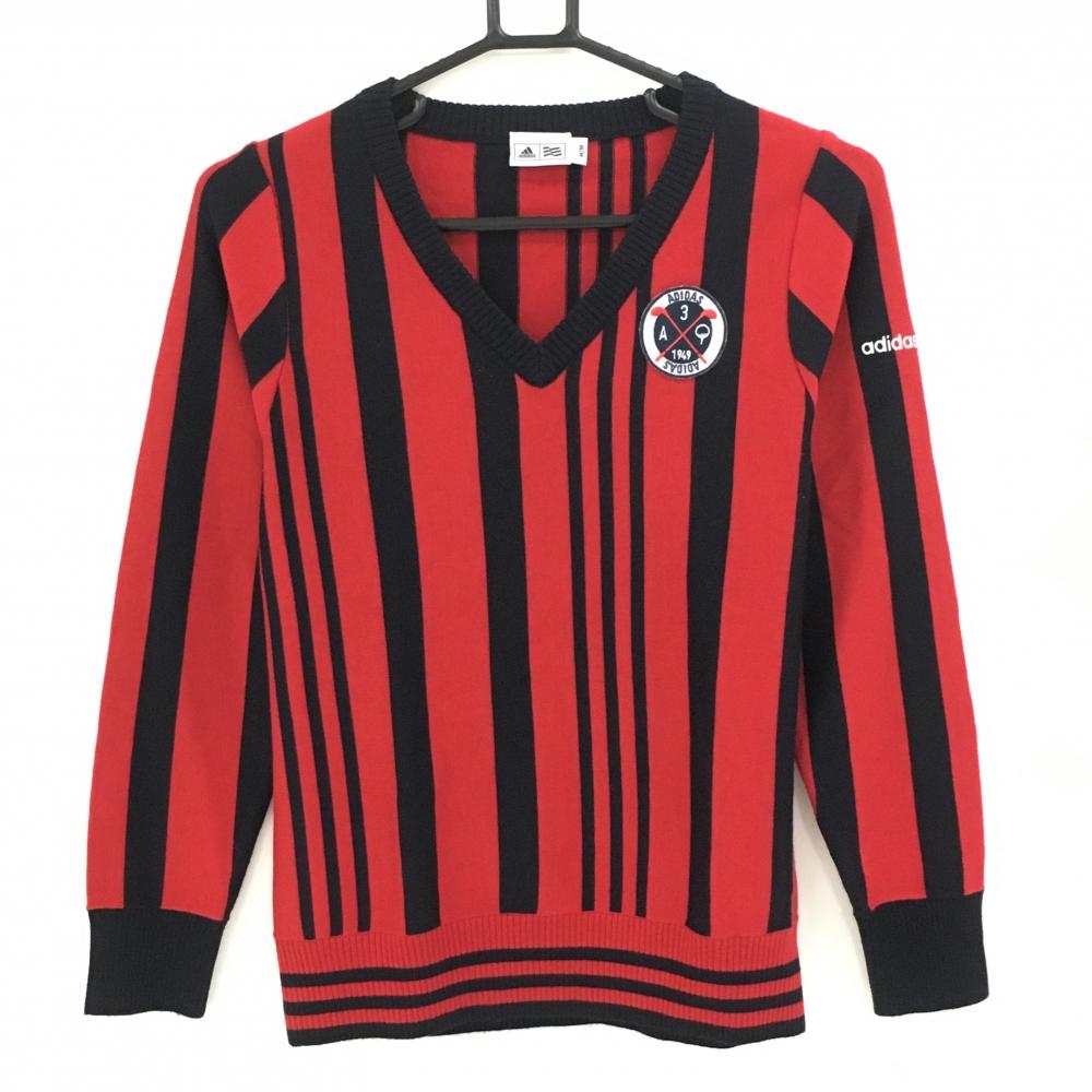 【超美品】アディダス セーター レッド×ネイビー ストライプ ウール混  ニット レディース M/M ゴルフウェア adidas