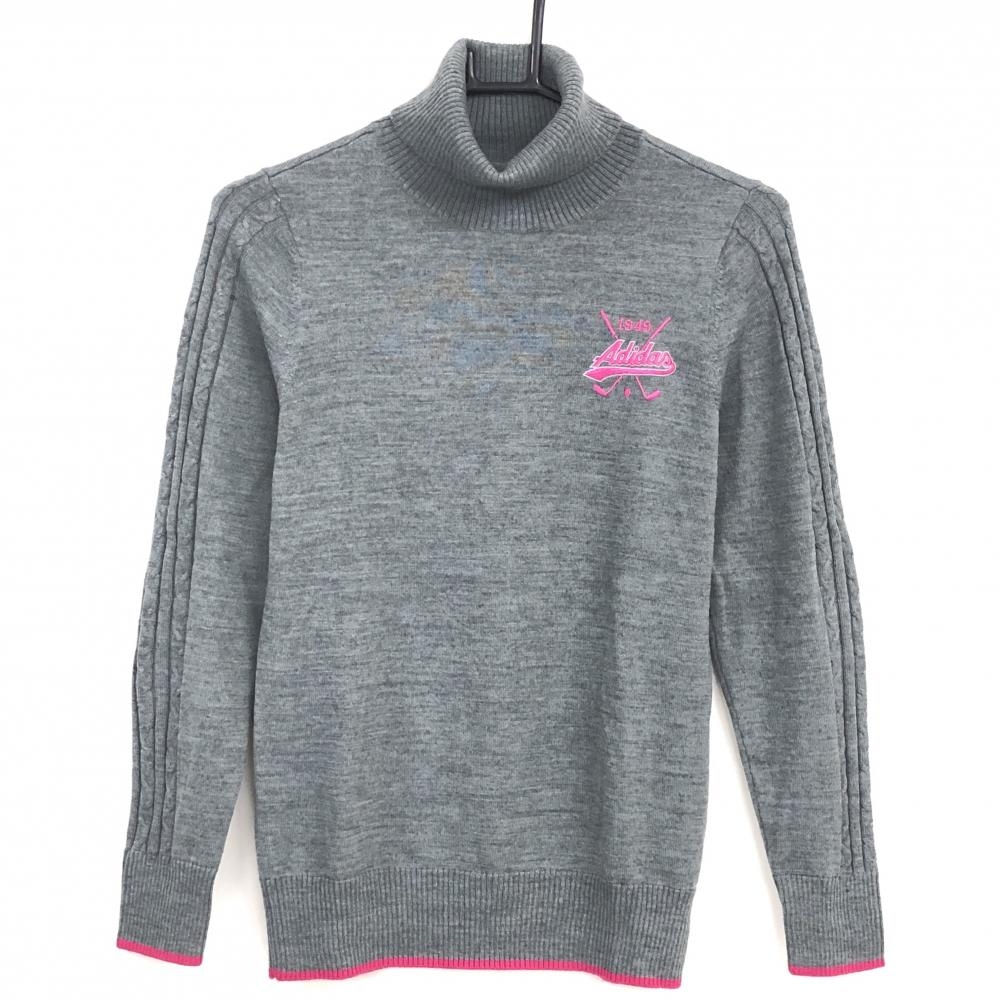 【超美品】アディダス タートルネックセーター グレー ウール混 刺しゅうピンク ニット レディース M/M ゴルフウェア adidas