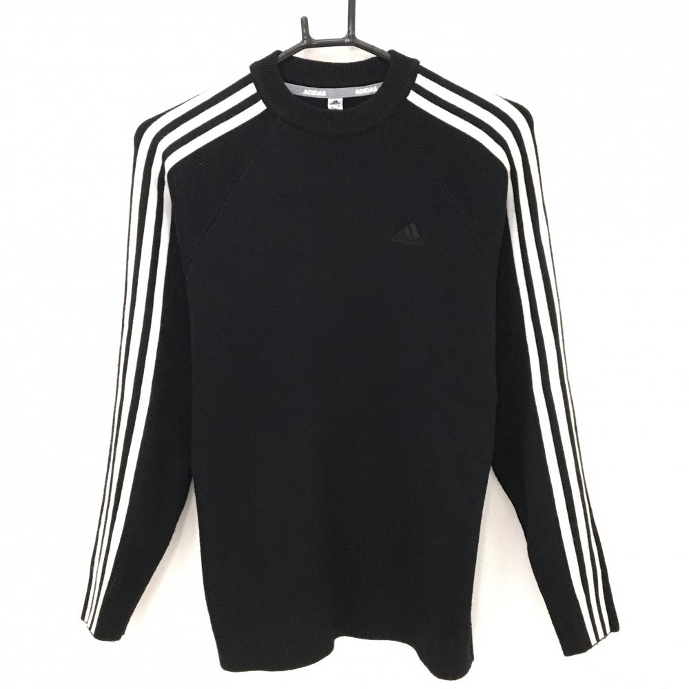 【美品】アディダス セーター 黒×白 肩・袖3ライン ウール混 ニット レディース  ゴルフウェア adidas