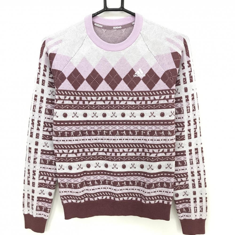 【美品】アディダス セーター 白×ブラウン 総柄 ロゴ刺しゅう 3ライン ニット レディース  ゴルフウェア adidas