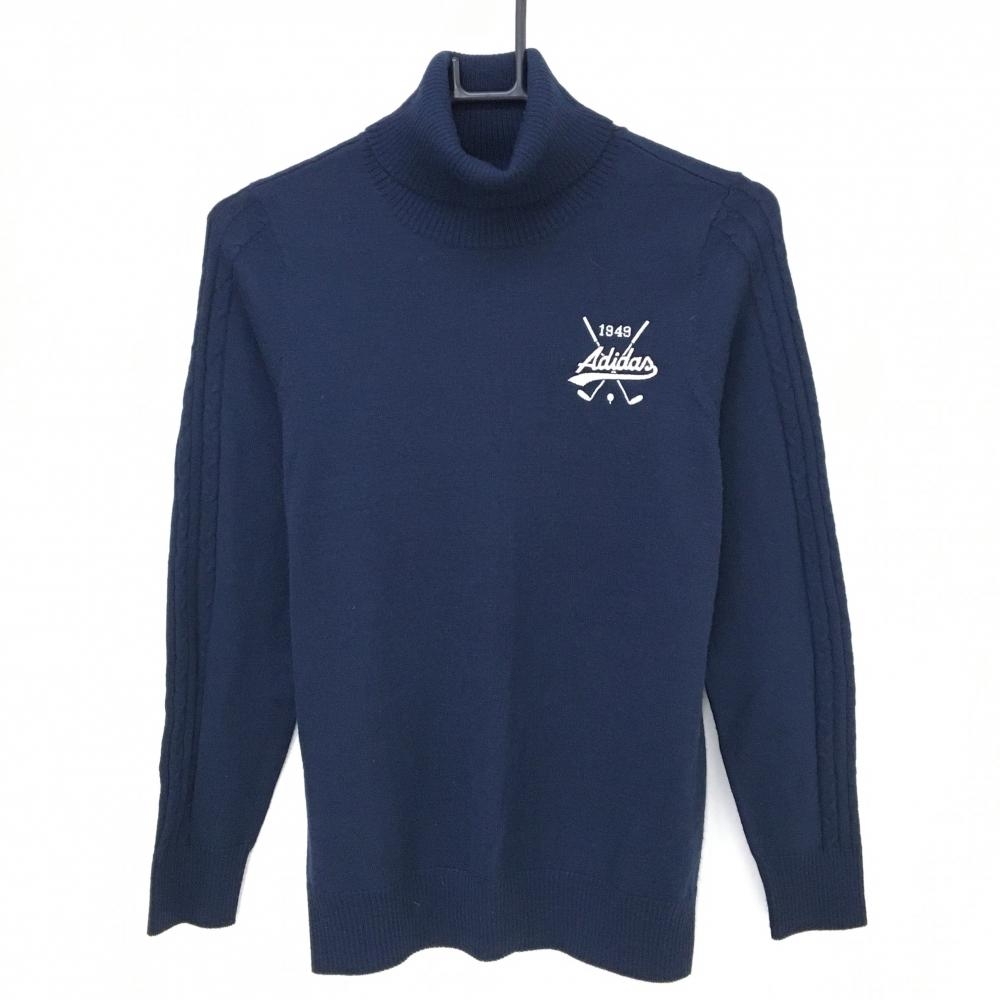 【美品】アディダス タートルネックセーター ネイビー×白 袖ケーブル編み ニット ウール混  レディース L/G ゴルフウェア adidas