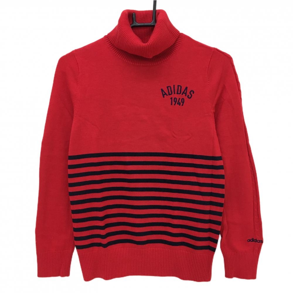 【美品】アディダス タートルネックセーター レッド×黒 一部ボーダー 袖一部ケーブル編み レディース M/M ゴルフウェア adidas