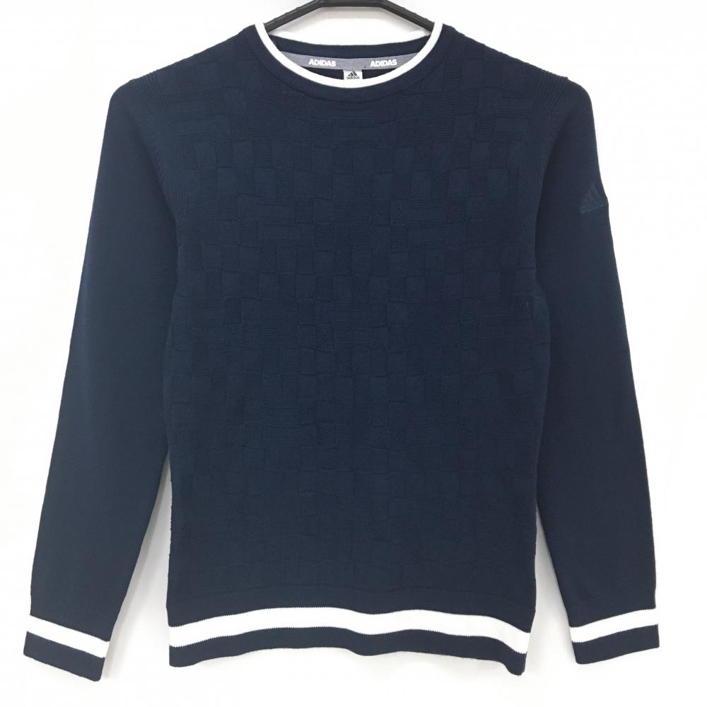 【超美品】アディダス セーター ネイビー 前身頃織生地 袖口・裾ライン ウール混 ニット レディース XS ゴルフウェア adidas