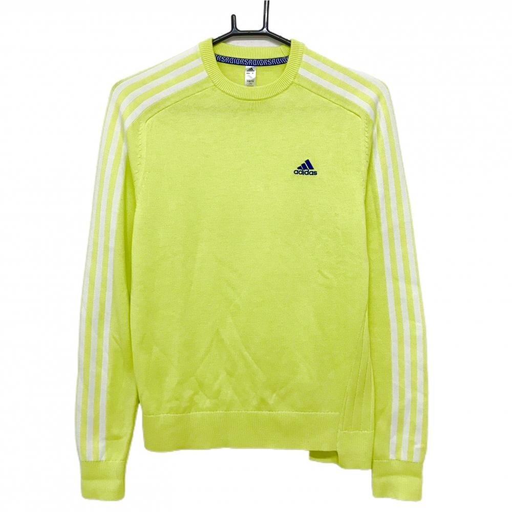 【美品】アディダス セーター イエロー×白 袖3ライン ウール混 ニット レディース M ゴルフウェア adidas