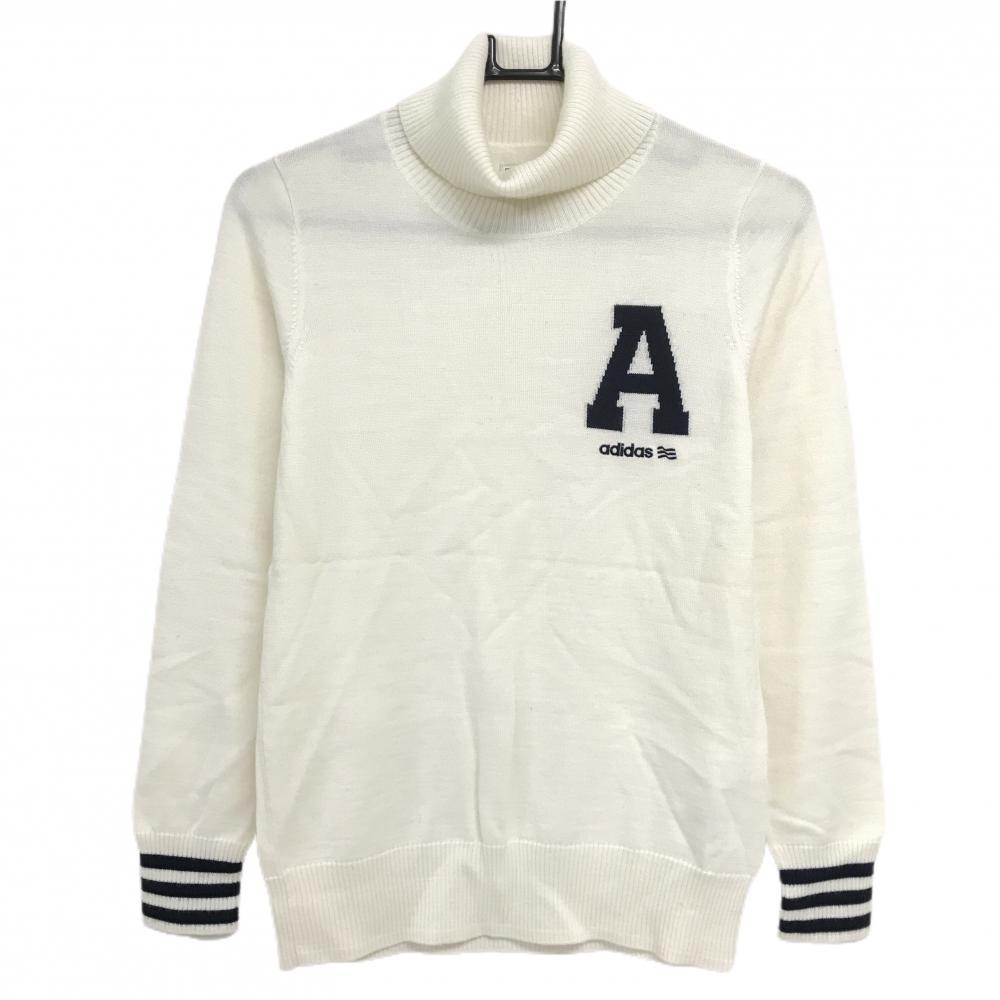 【超美品】アディダス タートルネックセーター 白×ネイビー ニット ウール混 袖口3ライン レディース L/G ゴルフウェア adidas