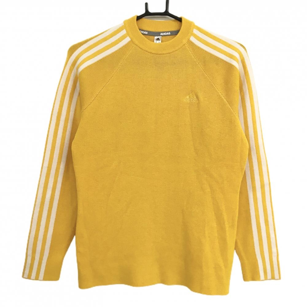 【超美品】アディダス セーター イエロー×白 袖3ライン ニット レディース L ゴルフウェア adidas