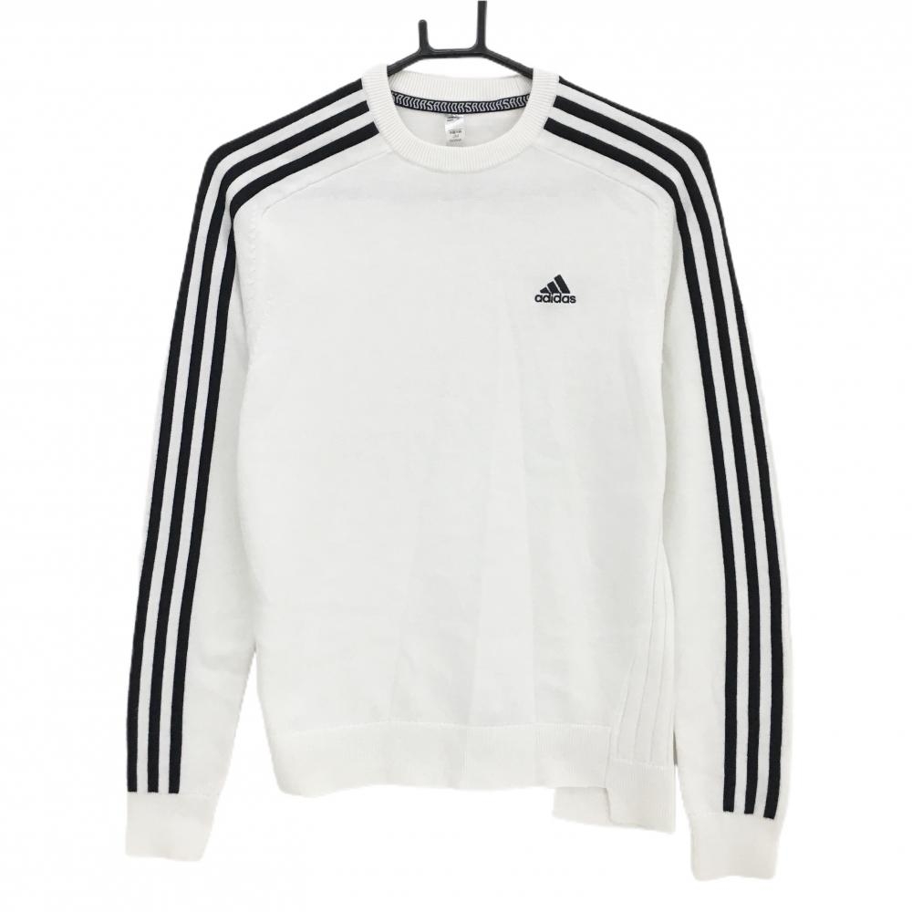 【美品】アディダス セーター 白×黒 ニット ウール混 袖3ライン レディース M ゴルフウェア adidas