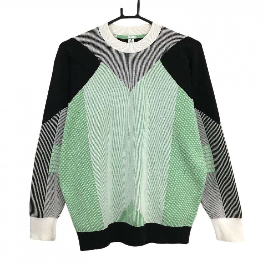 【超美品】アディダス セーター 白×グリーン 一部ストライプ ニット レディース M ゴルフウェア adidas