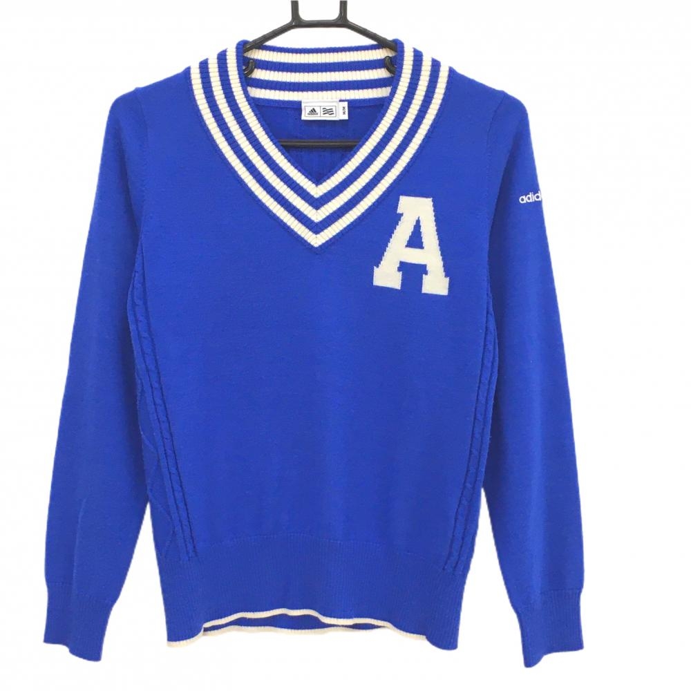 アディダス セーター ブルー×白 Vネックライン ウール混 ニット レディース M/M ゴルフウェア adidas