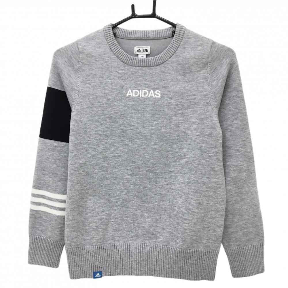 アディダス セーター 杢グレー×ネイビー 袖ライン ウール混 ニット レディース S/P ゴルフウェア adidas