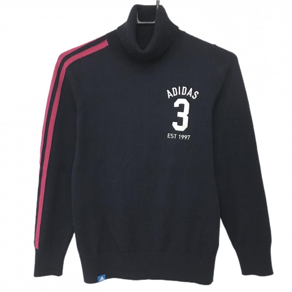 アディダス タートルネックセーター ネイビー×ピンク 袖3ライン ニット レディース S/P ゴルフウェア adidas