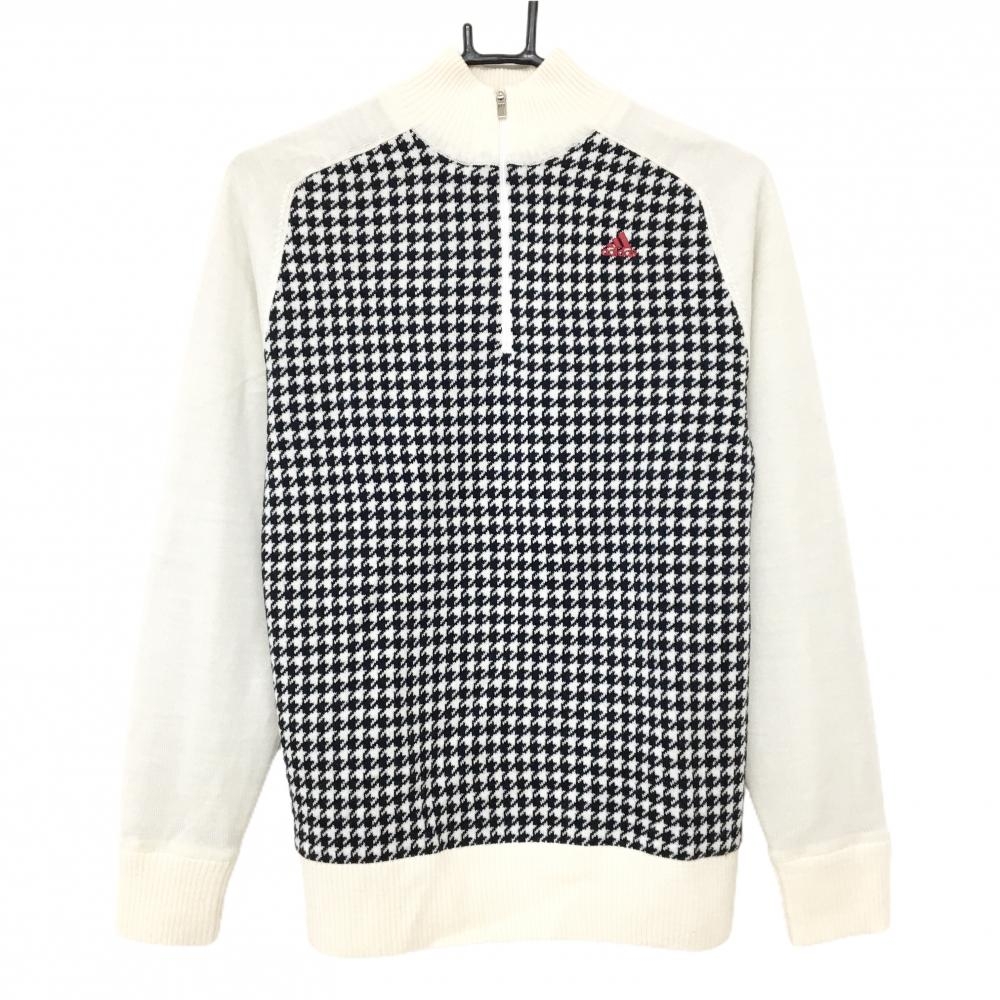 【美品】アディダス ハイネックセーター アイボリー×黒 千鳥格子 ハーフジップ 蓄熱裏地  レディース M/M ゴルフウェア adidas