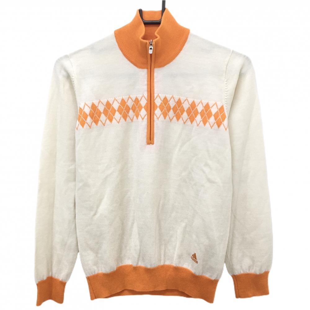 【超美品】アディダス ハイネックセーター アイボリー×オレンジ 一部アーガイル柄 ウール100％  レディース M/M ゴルフウェア adidas