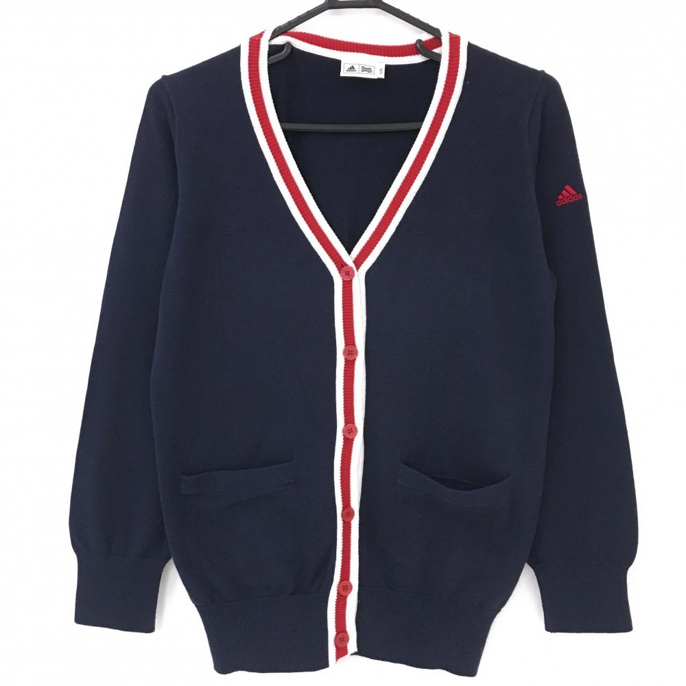 【美品】アディダス カーディガン ネイビー×レッド×白 ポケット レディース L/G ゴルフウェア adidas