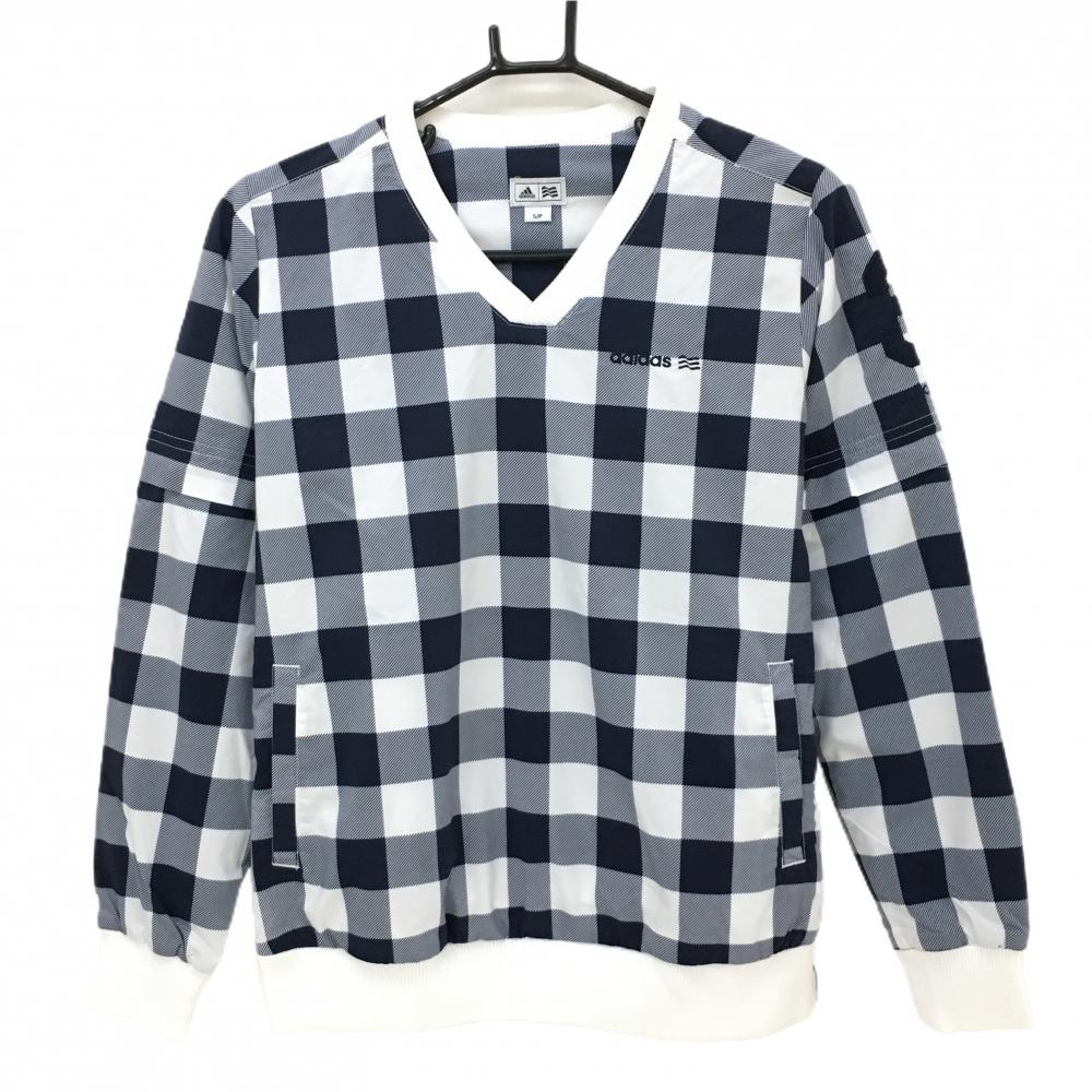 【超美品】アディダス 2WAYスニード 白×ネイビー ブロックチェック 蓄熱裏地 袖着脱可 ブルゾン  レディース S/P ゴルフウェア adidas