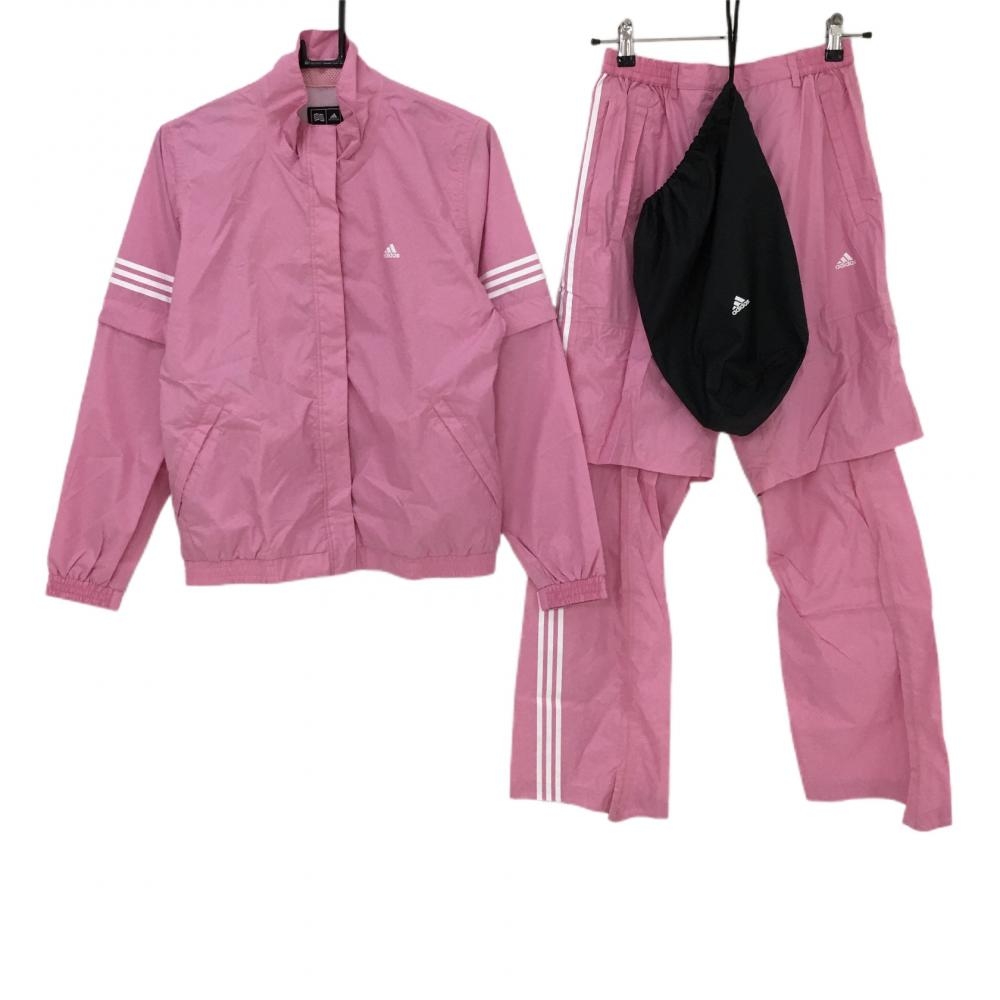 【超美品】アディダス レインウェア 上下セット(2WAYジャケット×パンツ) ピンク×白 袖着脱可  レディース M/M ゴルフウェア adidas