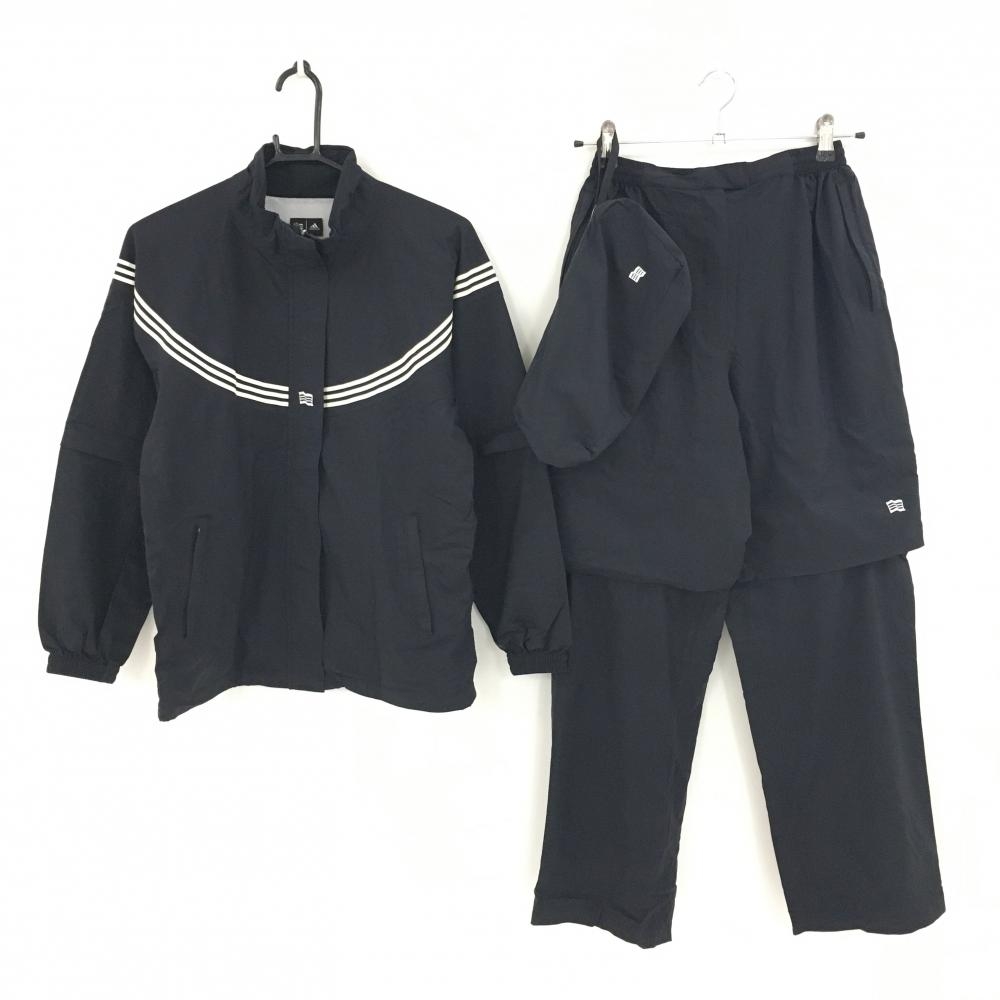 アディダス レインウェア(2WAYジャケット×パンツ) 黒×白 袖着脱可 3ライン 収納袋  レディース S/P ゴルフウェア adidas